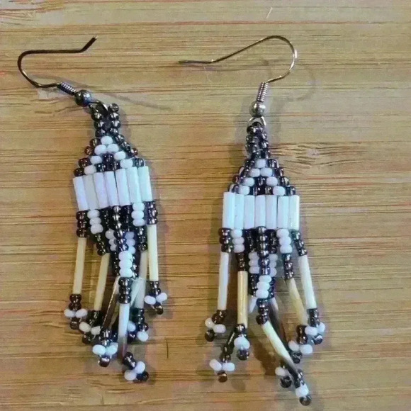 Beads Earrings in Cream, Bronze and  White - Picture 1 of 1